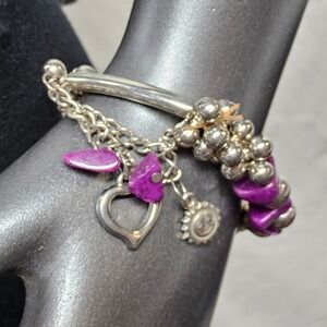 Beaded Charm Bracelet Womens OS Purple Silver Heart Sun Boho Stone